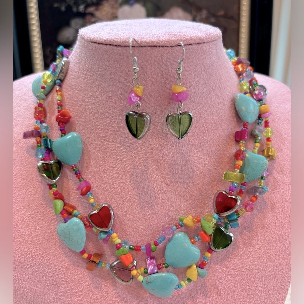 Turquoise Hearts Multi Bead Multi Strand Necklace & Earrings‎ Set